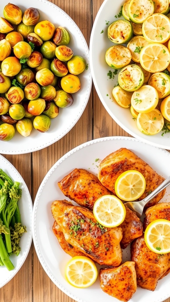 Healthy Air Fryer Recipes Healthy air fryer dishes: crispy Brussels sprouts and lemon herb chicken on a wooden table.